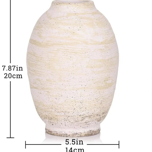Ceramic vase with dimensions compared to a can, surrounded by images of pottery-making process.