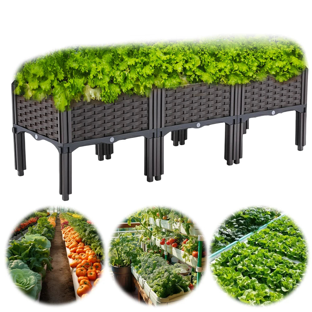 Rectangular planter box with green plants on a white background, surrounded by smaller images of garden scenes.